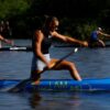 Ukrainian canoeist Anastasiia Rybachok attends a training session at a river in Kyiv region
