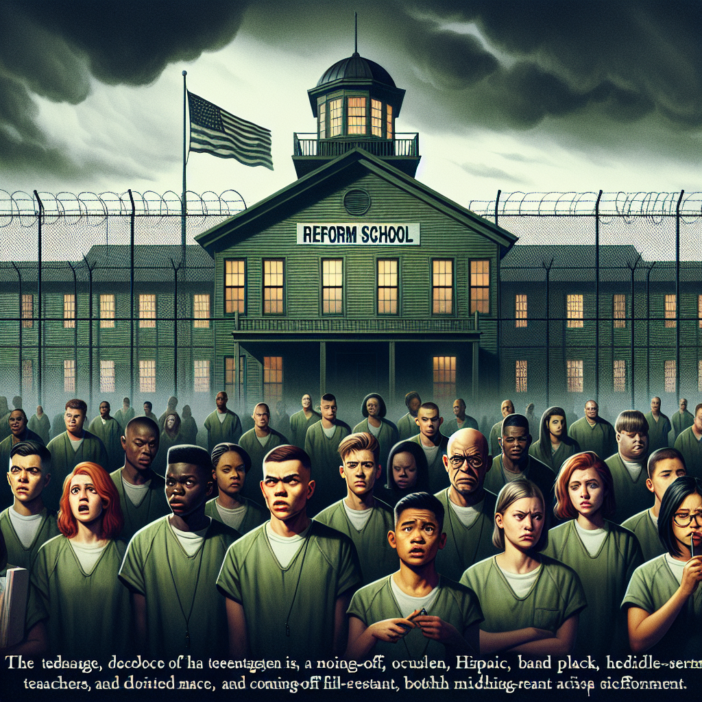 An image showcasing a gloomy setting of a reform school, with teenagers looking distraught and teachers having a stern expression. The building itself looks worn-out, obsolete and painted in coming-off olive green, surrounded by a high chain-link fence suggesting confinement. The sky is dark, filling the atmosphere with a sense of dread. Show the American flag fluttering half-mast in the background. Ensure to include teenagers of various descents such as Caucasian, Hispanic, Black, and Middle-Eastern both male and female expressing discontent, and teachers of different races and genders expressing sternness.