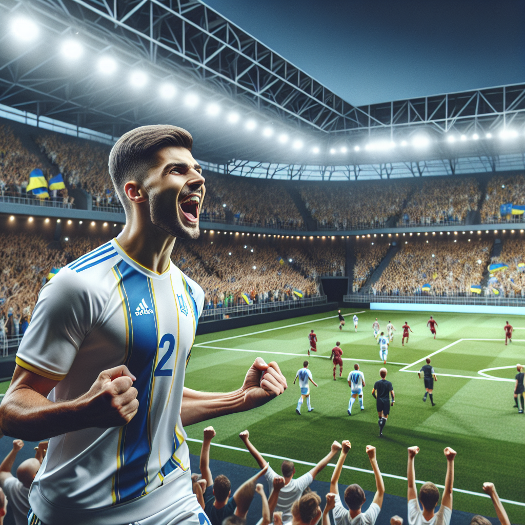 A male Ukrainian football player celebrating after a successful match, with the excitement of the crowd surrounding him. The setting is a large, well-lit stadium, the field perfectly groomed and marked for a night game under the illumination of many powerful lights. Positioned around the outskirts of the field are grandstands filled by spectators of diverse descents including Caucasians, Hispanics, Blacks, Middle-Eastern, South Asians, and Whites. In the sky, a banner flies, echoing the exciting advancement in the European Qualifiers for the 2026 World Cup.