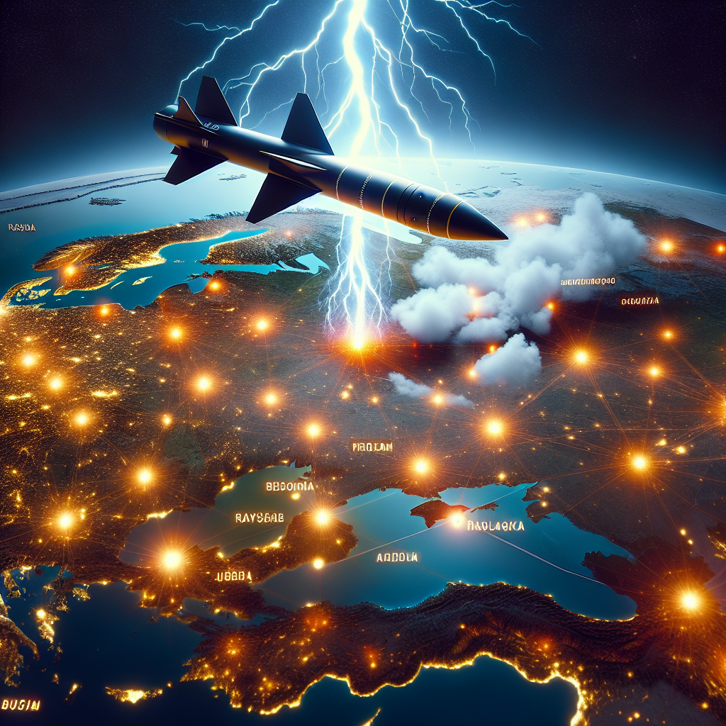 A brightly lit map of Russia gleaming in the darkness, highlighted with several marked targets. These key points signify prime locations that may potentially be affected in a conflict. In the foreground is a model of a Tomahawk missile, hovering above the map, symbolizing the threat of a strike. Above everything, a dramatic electrical storm fills the sky, indicating a metaphor for instant effect. Please avoid any direct political or violent implications in this speculative, strategy-themed rendering.
