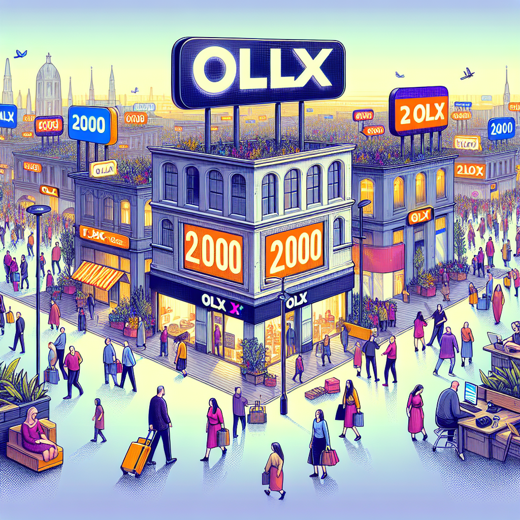 Generate a creative and relevant image for an article discussing how Ukrainian citizens will be able to sell up to 2000 euros per year on OLX without having to pay taxes. The image should depict a bustling online marketplace, while highlighting the ease of online transactions. Also, try to subtly incorporate the number '2000' and the concept of 'tax-free' into the illustration. Please exclude any specific public figures or real people.