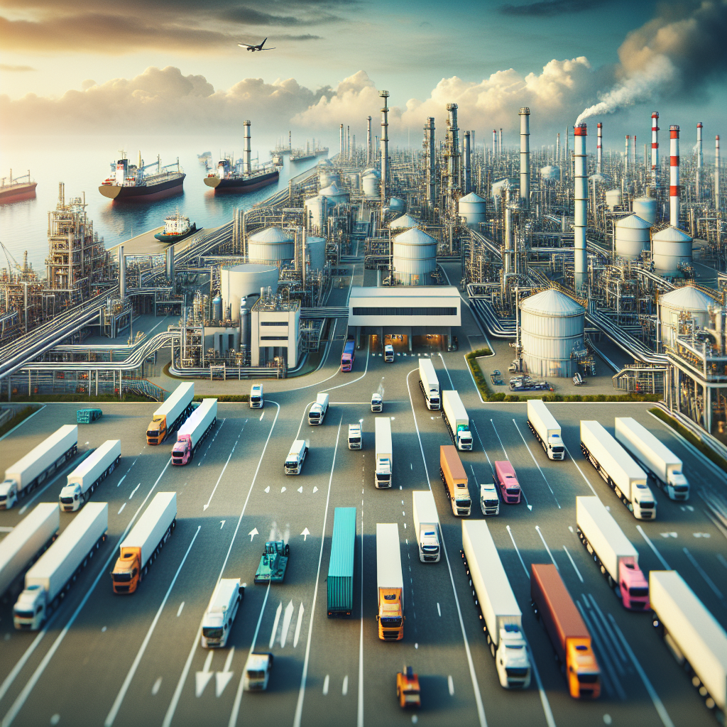 Visualize this scenario: A large industrial oil complex with numerous facilities during daytime. An easy view of cargo trucks entering and exiting, loaded with raw materials. Containers and storage tanks can be seen, as well as the hustle and bustle of activity within the compound. The sky above shrouds the scene with a light cloud cover. Out in the distance, large ships can be seen approaching a harbor, bringing in imported raw materials.