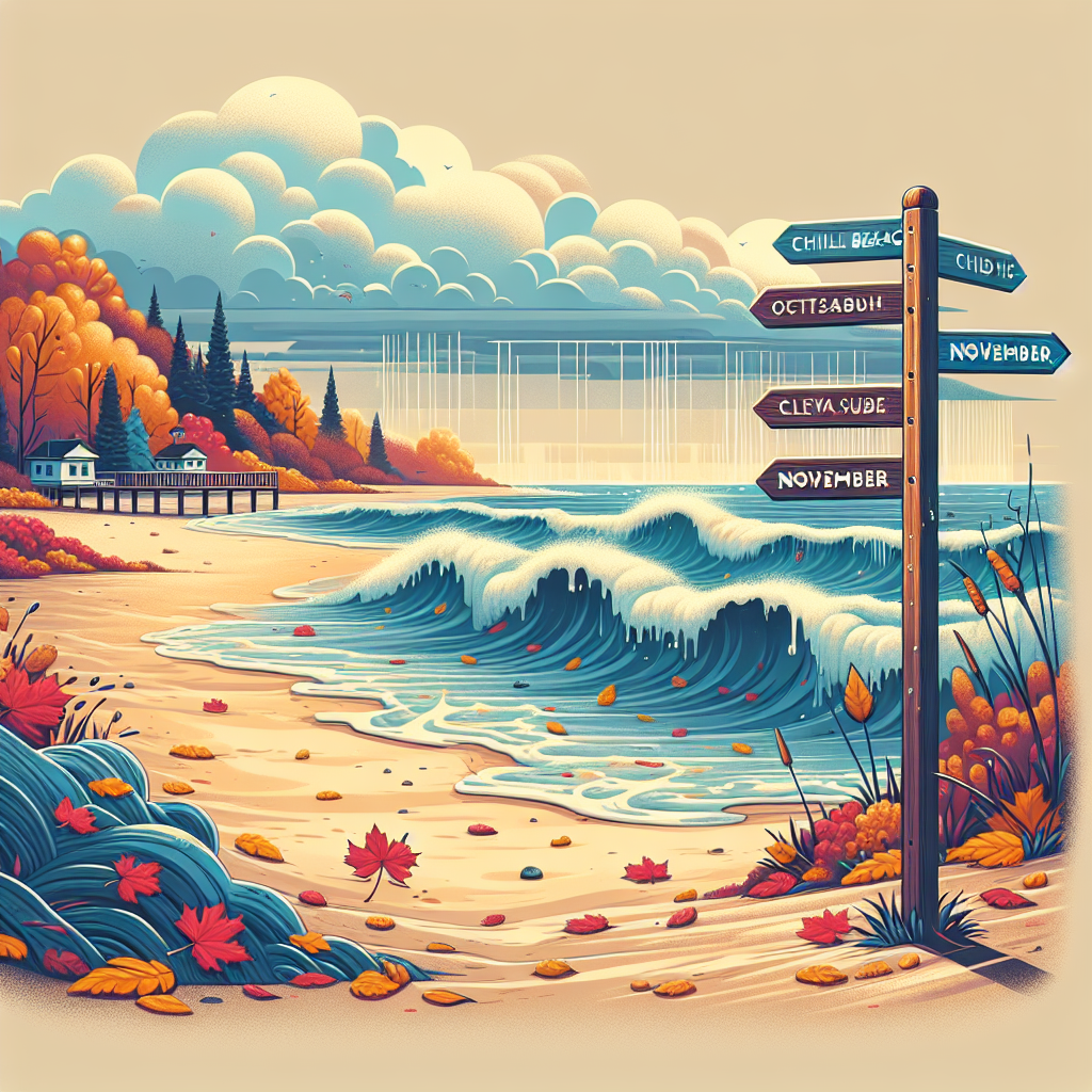 A scenic view representing the concept of a chilly beach during November. The deserted sandy shore is scattered with colorful fall leaves. Heavily overcast skies complement the scene, while crashing waves offer a background soundtrack. A signpost nearby displays multiple destinations – all notorious for their cold November sea temperatures.