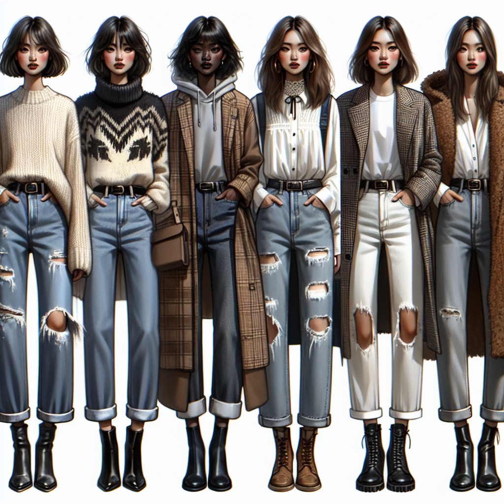 Create an image collection displaying the combination of jeans with different fall fashion styles. It should exhibit 5 unique looks that are easy to replicate. Image 1 could present a female figure of Asian descent in high waist jeans and chunky knit sweater. Image 2 may showcase a male figure of Hispanic descent in straight-leg jeans paired with a classic plaid shirt and autumn boots. Image 3 can focus on a female figure of Middle-Eastern descent in boyfriend jeans, coupled with a crisp white blouse and stylish long coat. Image 4 may feature a male figure of Black descent in ripped jeans along with a hoodie and leather jacket, while image 5 can reveal a female figure of White descent in skinny jeans worn with an oversized floral print cardigan and ankle boots. Also, please ensure all the figures are pictured in a setting reflective of the fall season.