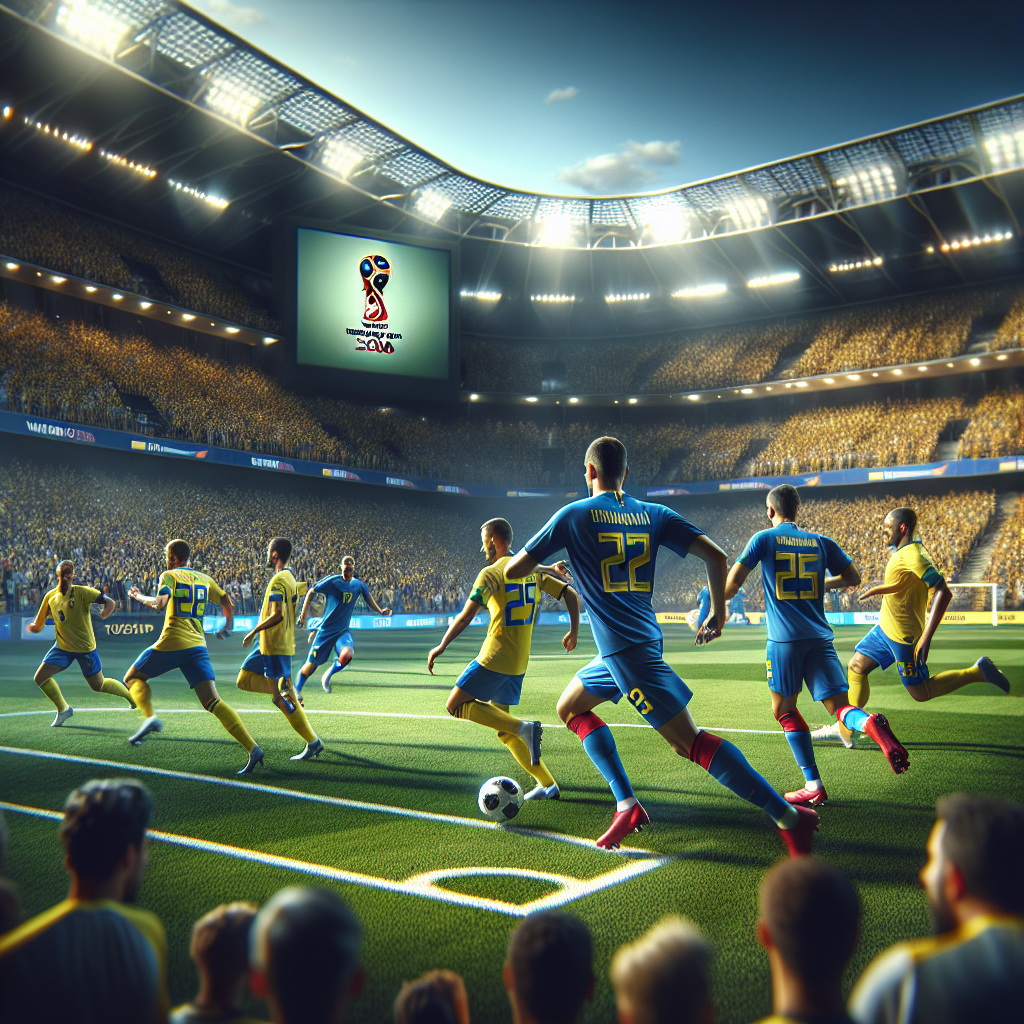 A dynamic scene on a soccer field. Players in bright yellow and blue uniforms, emblematic of the Ukrainian national soccer team, are engaged in a tense match against an undefined opposing team. They are in the midst of a playoff game qualifying for the 2026 World Cup. The spectators in the background are a blend of hopeful fans, cheering on their teams fervently. The large stadium LED screen in the background displays the world cup logo for 2026, simulating the future event.