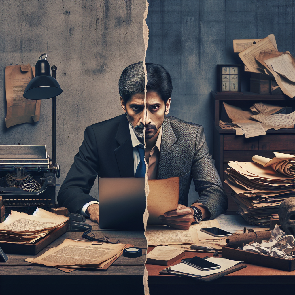 An image depicting the contrast between old and new, representing the struggle of change. Visualize this as an office scene with a wooden desk covered with old-fashioned paperwork and aged materials on one half, and modern technology such as a sleek laptop and electronic gadgets on the other half. Show a middle-aged South Asian male office leader torn between the two sides, hinting at the dilemma of adapting to new laws and leadership while grappling with outdated procedures. Ensure a thoughtful expression on his face to express his internal conflict.
