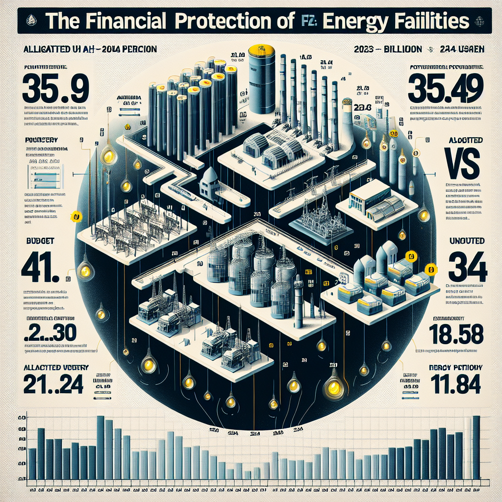 A detailed infographic showing the financial protection of energy facilities in the 2023-2024 period. The budget allocated for this purpose was 35.9 billion UAH, but only 18.7 billion UAH was used. Display a graphical representation of the energy sectors that received this protection, along with numerical figures indicating the allocated vs. spent budget. Include a timeline for the years 2023 and 2024, highlighting key events or changes related to the financial protection of these energy facilities. The overall mood should reflect the seriousness and importance of this issue.
