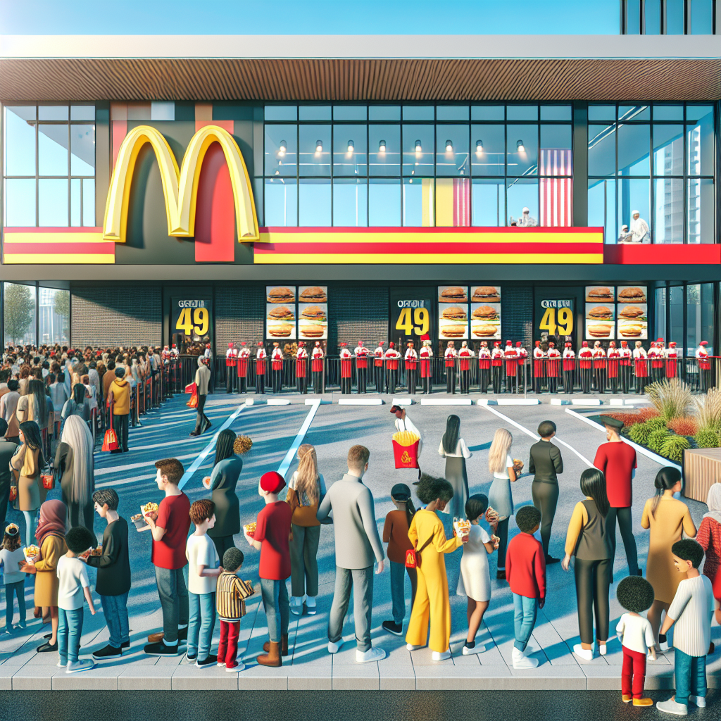 A vibrant scene of the grand opening of the 49th fast-food restaurant in a modern, bustling city. Capture the spirit of the event, with people of various ages and from different backgrounds, such as Caucasian, Hispanic, Black, Middle-Eastern, South Asian, gathering together to celebrate. Include details such as bright banners, long lines of anticipating customers, friendly staff in red and yellow uniforms serving meals, in a typical fast-food architecture with big glass windows and a playground for kids.