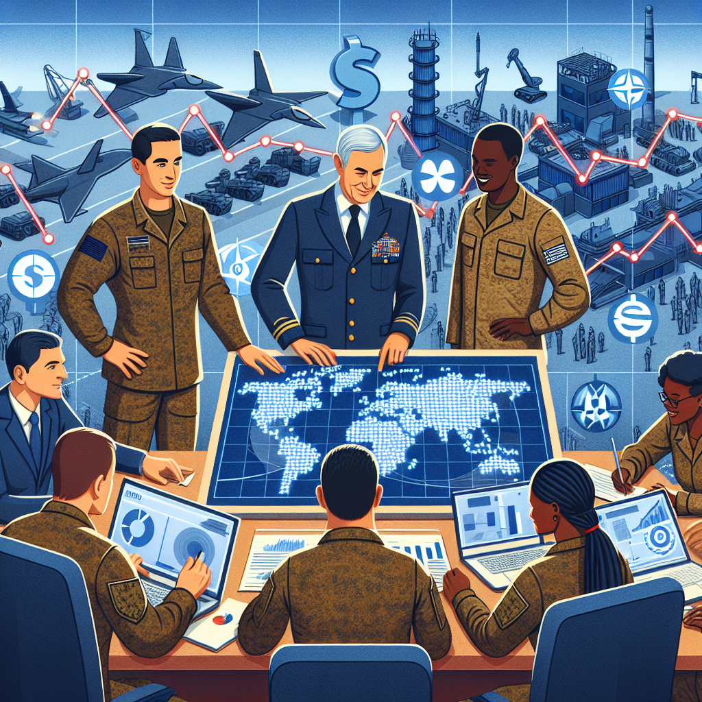 An illustrative image of NATO allies working together for defense investment. The scene represents a conference room with diverse military figures - a Caucasian male general studying a map, a South Asian female strategizing using digital screens, a Hispanic male taking notes and a Black female soldier coordinating resources. They are surrounded by symbols of investment like growth charts and dollar signs. In the background, an industrial scene can be seen depicting the production increase, with workers of different descents and genders operating advanced machinery for weapon manufacturing.