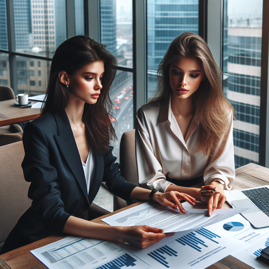 Two businesswomen, one Caucasian and the other Eastern European, engaged in a meeting. They're looking at a document titled 'IMF Program for Ukraine 2026-2029'. The room has a modern design with large glass windows overlooking a busy city landscape, likely in an office building. The table is filled with financial graphs, laptop, and coffee mugs. Their expressions are serious and concentrated, indicating the importance of their discussion.